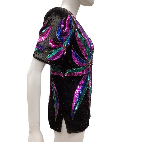 San Angelo Nights VTG Top Women’s Size Medium Beaded Silk w/ Sequins in Black - Picture 2 of 5
